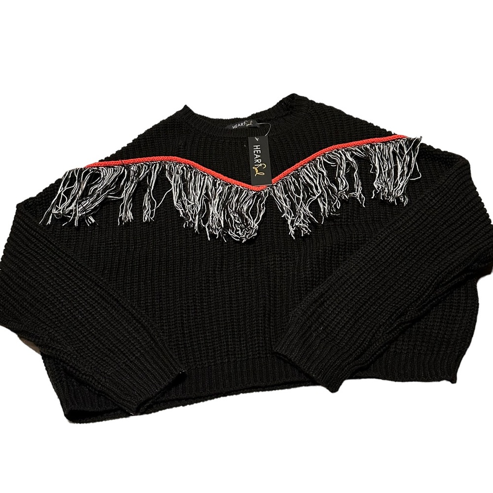 HeartSoul Juniors Medium Black Red Gray Fringe Sweater